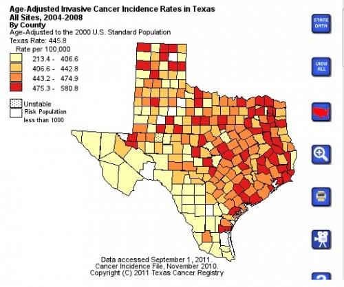 map of Texas showing breast cancer rates