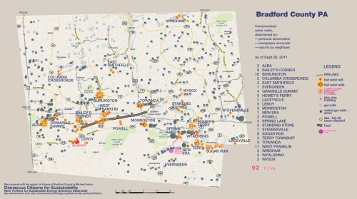 Bradford County PA map showing impacted water wells--9/26/11
