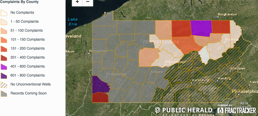 Washington and Bradford counties registered over 500 citizen complaints in each county. Source: FracTracker